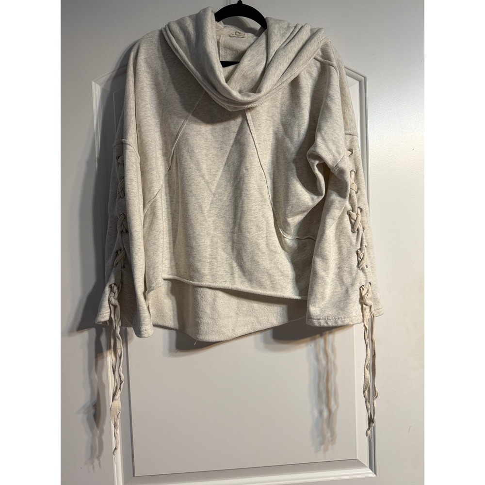 POL Lace Up Hoodie S Oatmeal Cowl Neck Boho Relaxed Gorpcore Cozy Oversized